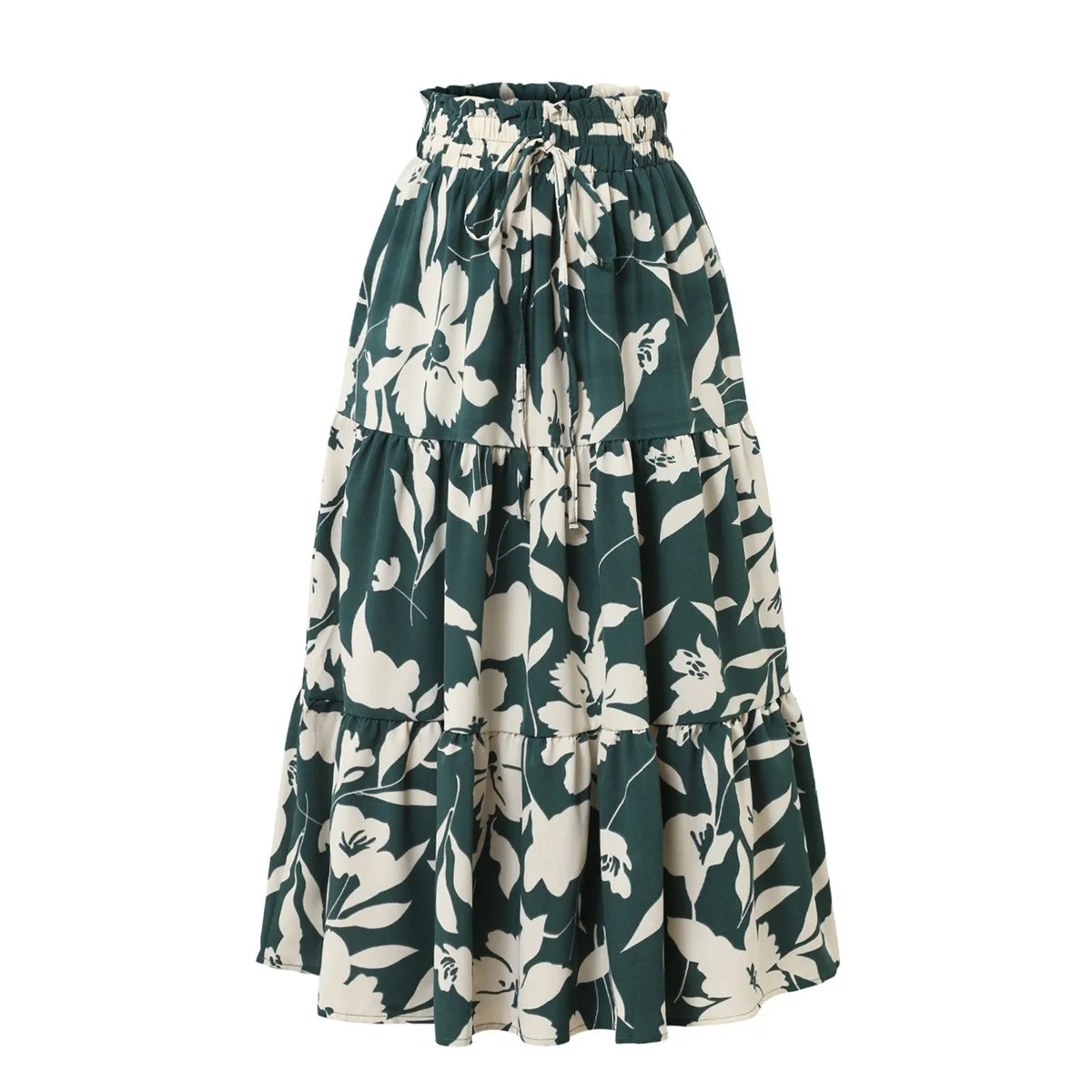 Summer Women's Floral Print Tiered Pleated Midi Skirt with Smocked Waist – Green Floral, Burgundy Floral, Navy Floral, Beige
