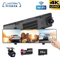 KQQ 12'' 4K Stream Mirror Dash Cam Front and Rear Inside 3 Channel with WiFi Night Vision Reverse Assistance