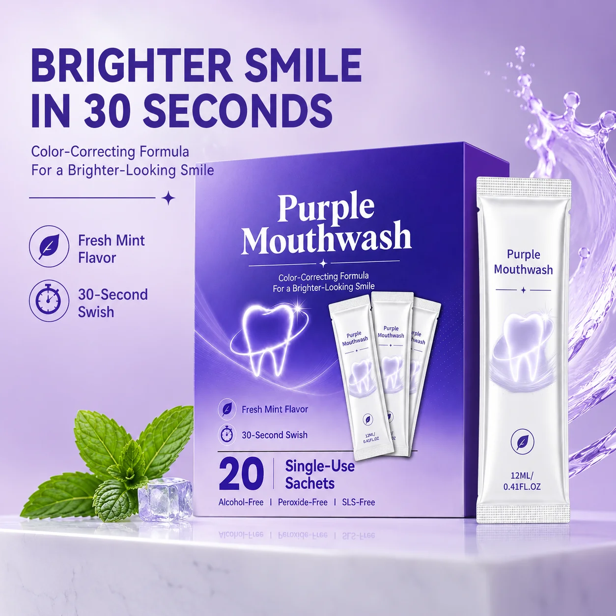 20pcs Instant Whitening Mouthwash Balance Gum Flora Remove Yellowing Fresh Breath Protect Oral Health Portable Purple Mouthwash