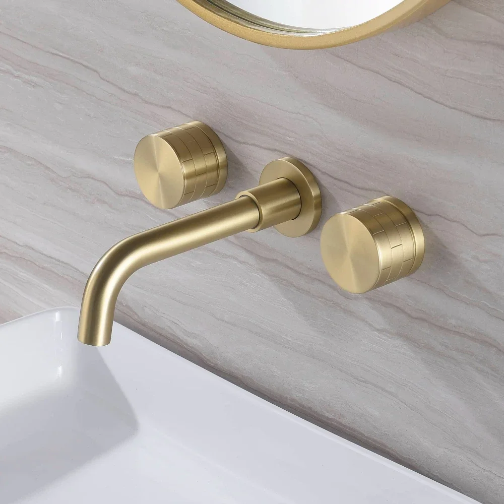 Wall Mounted Double Handles Bathroom Faucet Brushed Gold in-built Water Mixer with Twist Spout