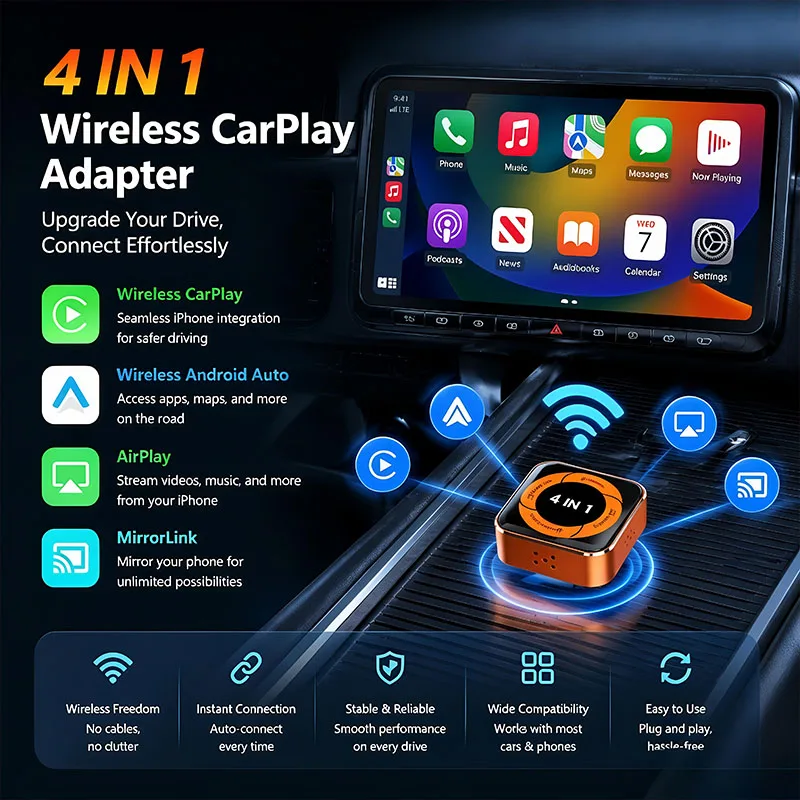 New Wireless CarPlay Adapter for Apple iPhone ＆Android Auto 4 in 1, Mini USB CarPlay Dongle Wirn with Fast Stable Connectio