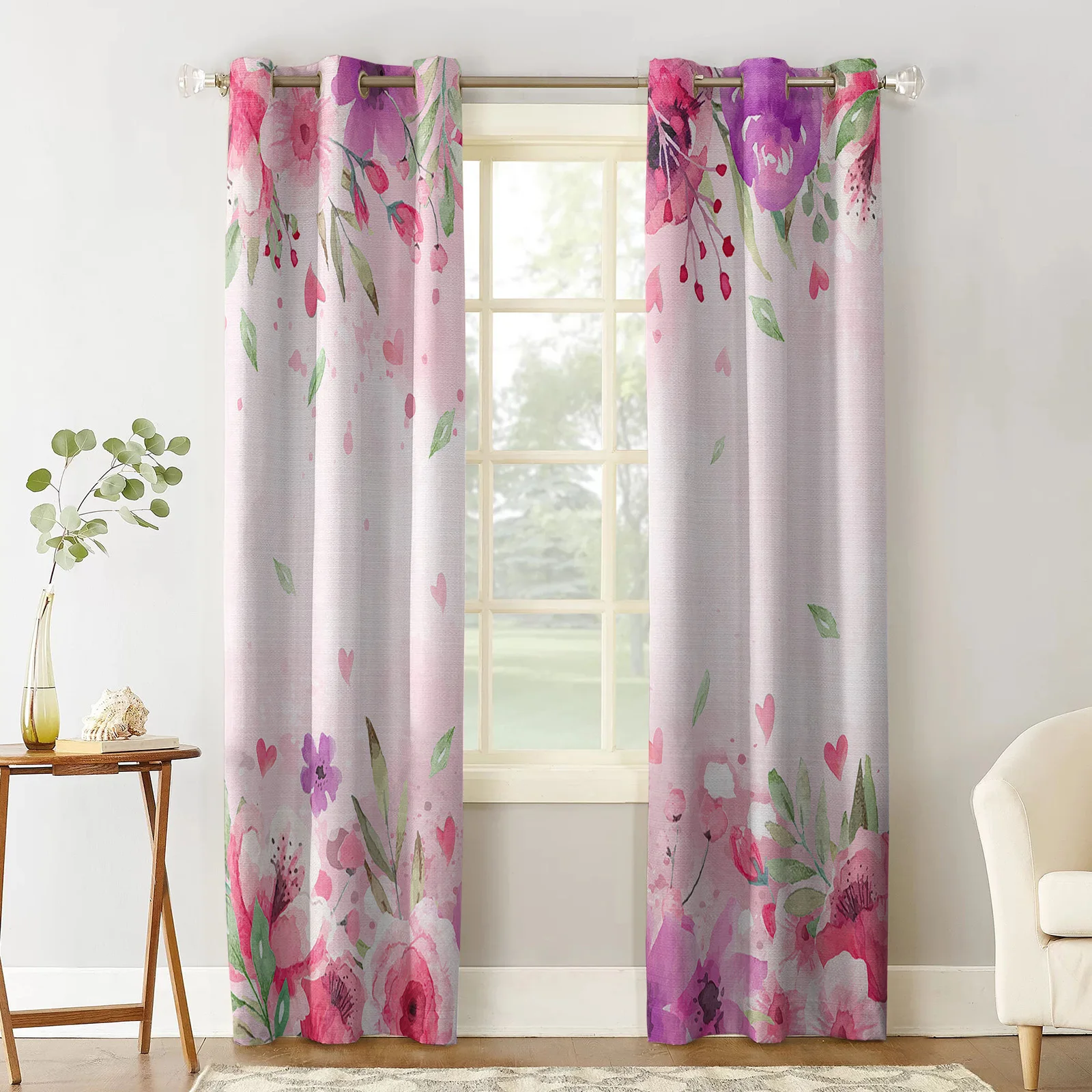 Valentine'S Day Watercolor Flowers Love Green Leaves Window Curtains Living Room Home Decor Drapes Bedroom Hotel Window Panels