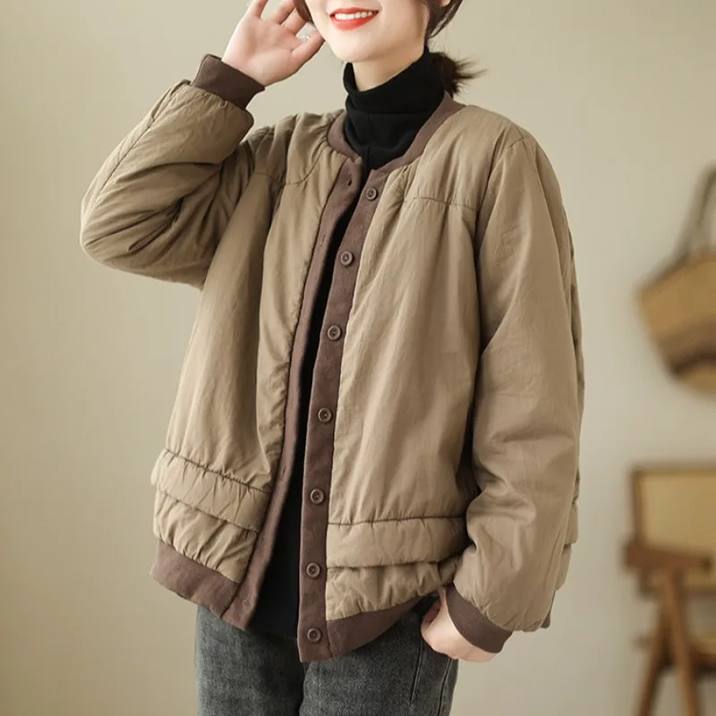 

Retro Spliced Cotton Jaet Women's Winter Casual Thiened Warm ort Sle Patchwork Cotton Coat Button ket Design