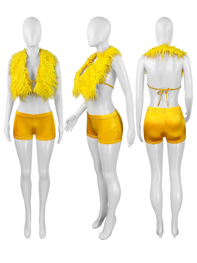 Luxury Fur Patchwork 2 Pieces Set for Woman Outfit Summer 2025 New Tank Top and Stretch Shorts Midnight Club Wear Party Suits - Image 6