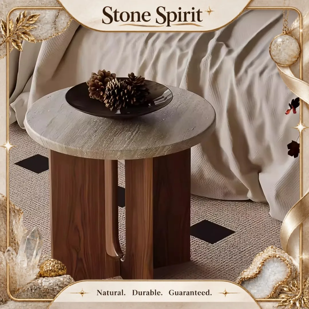 Light luxury Cave stone Small Side Table Light luxury Home use Advanced Tea Table Bedroom Solid Wood Round shape Bedside table