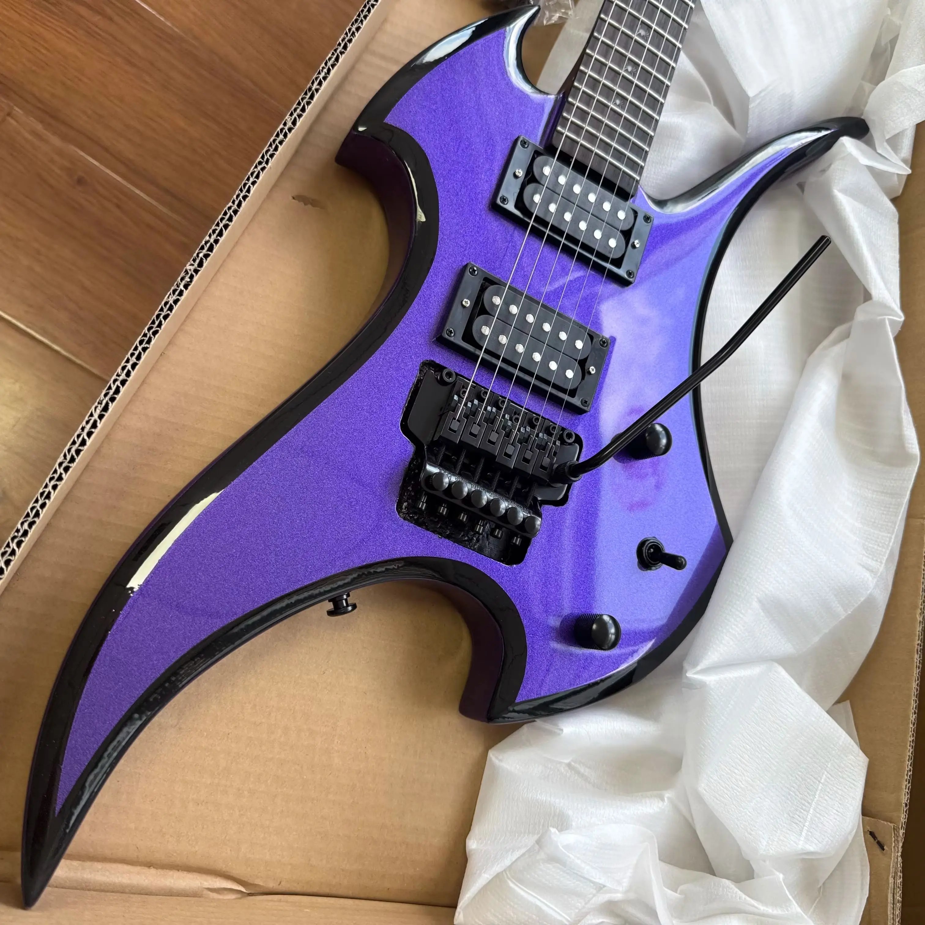 Customized Unconventional Metal Purple Electric Guitar With Double Pointed Corner Shape And 6 Strings Equipped With Dual Pickups