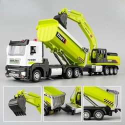 1/32 Scale Car Model Toy Dump Truck with Excavator Doors Opened Sound Light Alloy Engineering Vehicle Models for Child Presents