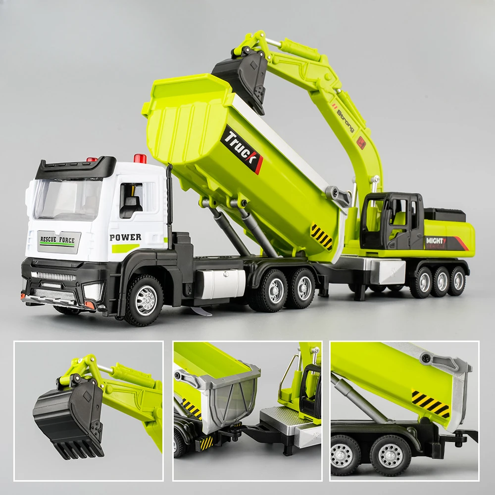 1/32 Scale Car Model Toy Dump Truck with Excavator Doors Opened Sound Light Alloy Engineering Vehicle Models for Child Presents