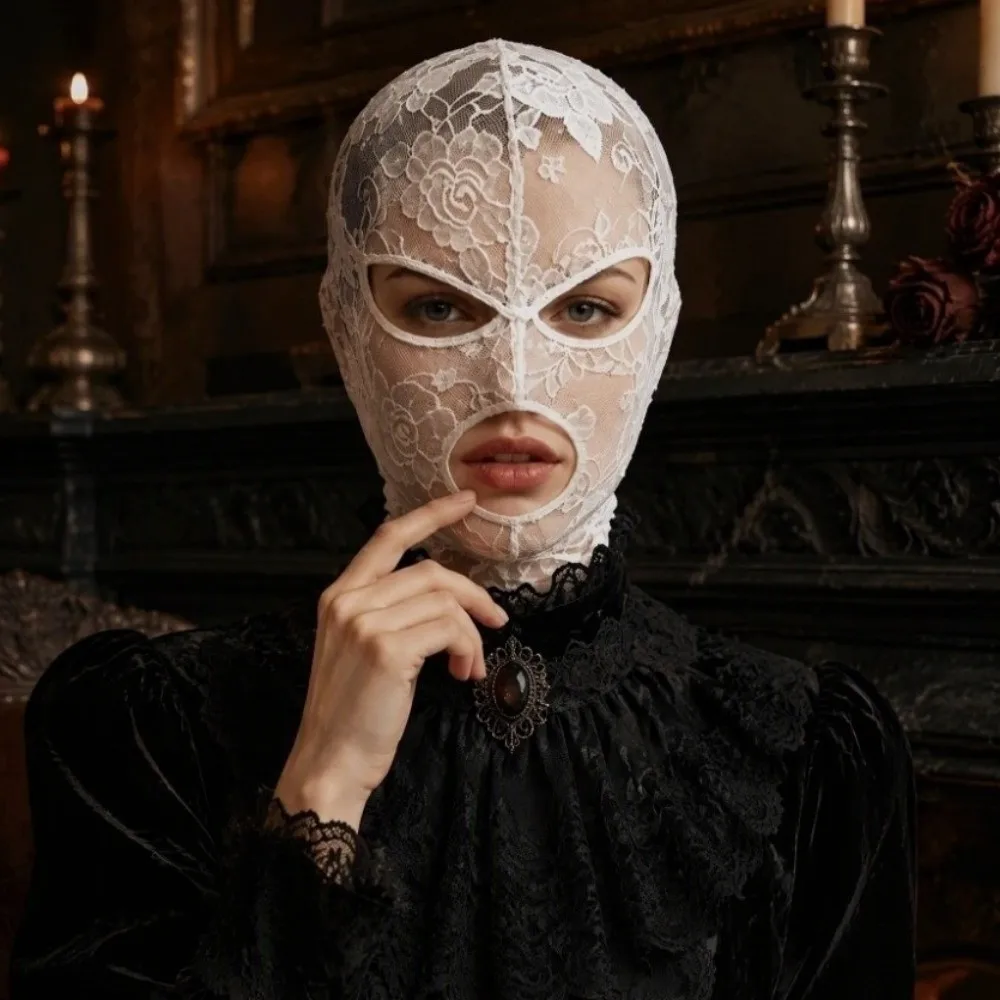Vintage Halloween Head Cover Quick-dry Breathable Gothic Lace Mask With Eye Mouth Openings Cosplay Unisex Full Face Headgear