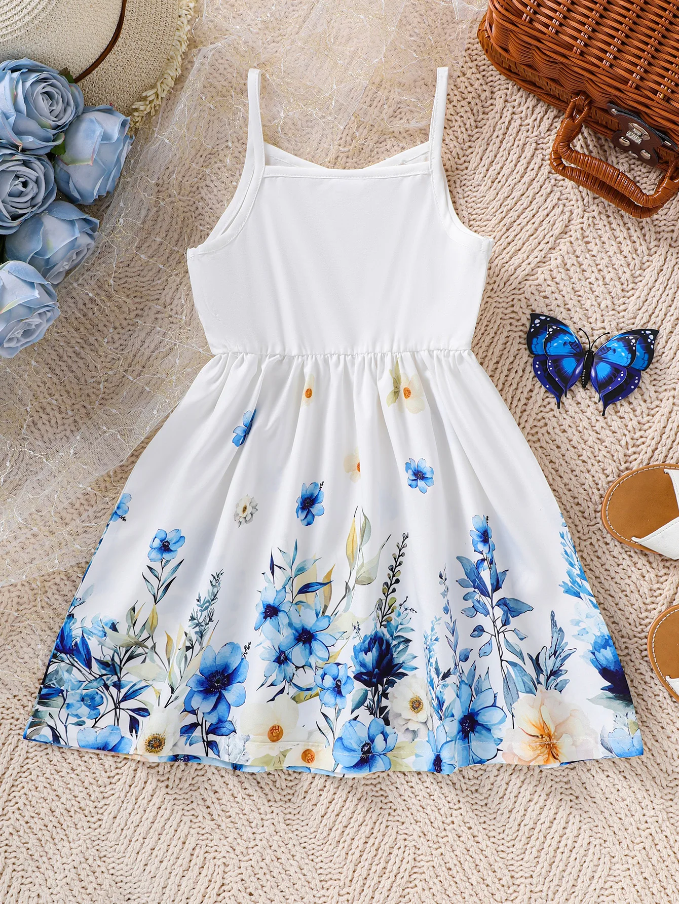 Kids Girl Summer New Sling Dress Flower Print Suspenders Dresses Sweet and lovely Daily Casual Clothing for Child Girl 4-7 Years