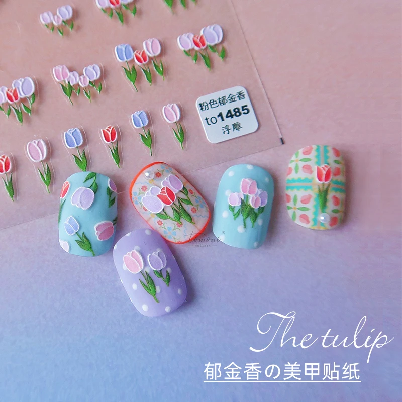

3D Relief Tulips Summer Style Flowers Realistic Pattern Self-Adhesive Pink Gold Purple Decal Design Nail Art Stickers Decoration