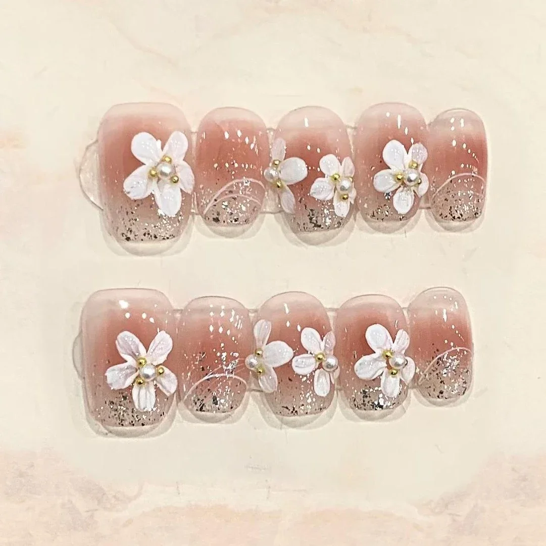 10 pièces court rond fait à la main presse sur ongles couverture complète rose pêche conception d'été mignon faux ongles manucure artificielle faux ongles