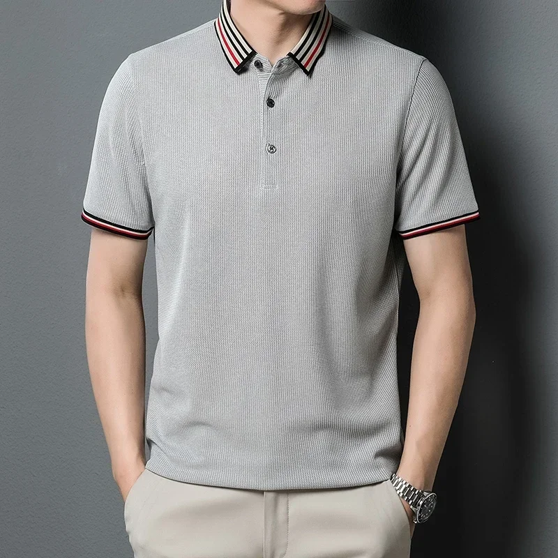 

BROWON Summer Men T Shirts 2025 New Short Sleeve Solid Color Loose T-shirt Men Business Casual Waffle Turn-Down Collar Tees Tops