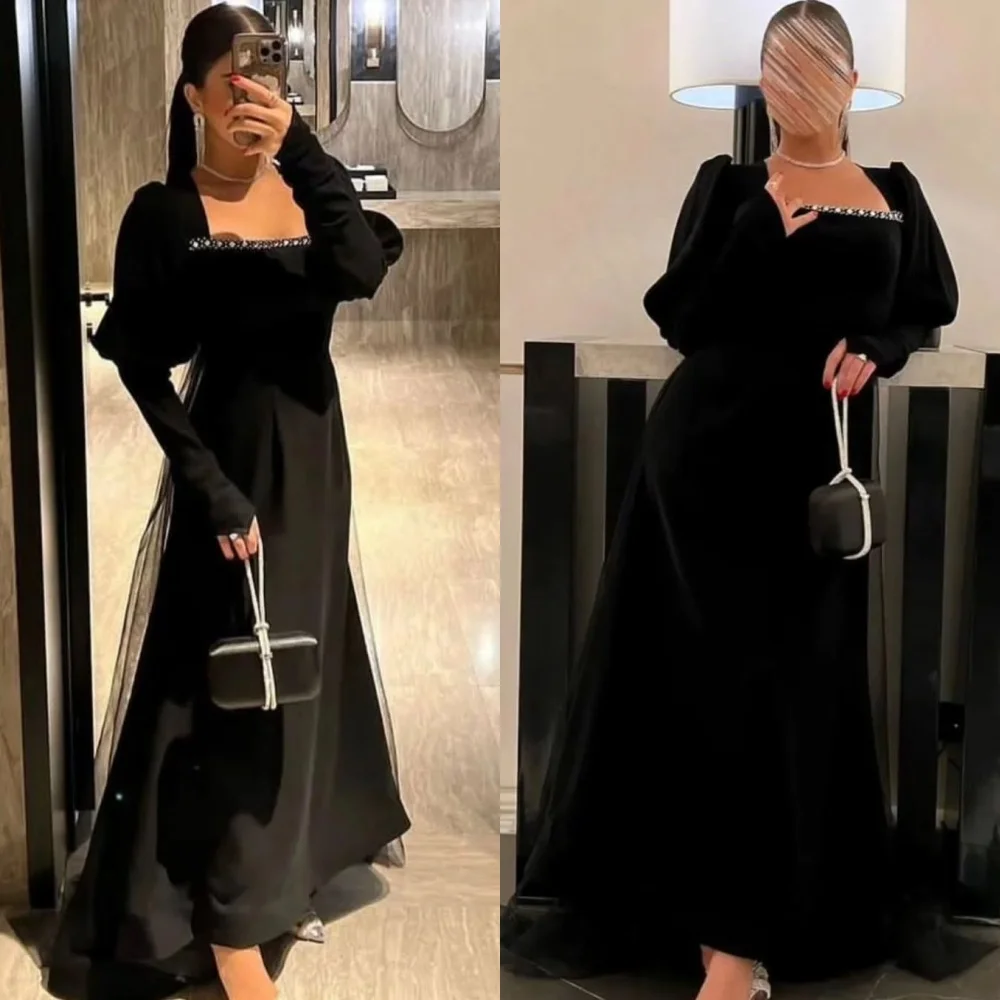 Customized Black Jersey Prom Dresses Mermaid Long Sleeves Homecoming Gowns Elegant Square Collar Saudi Arabia Evening Dress