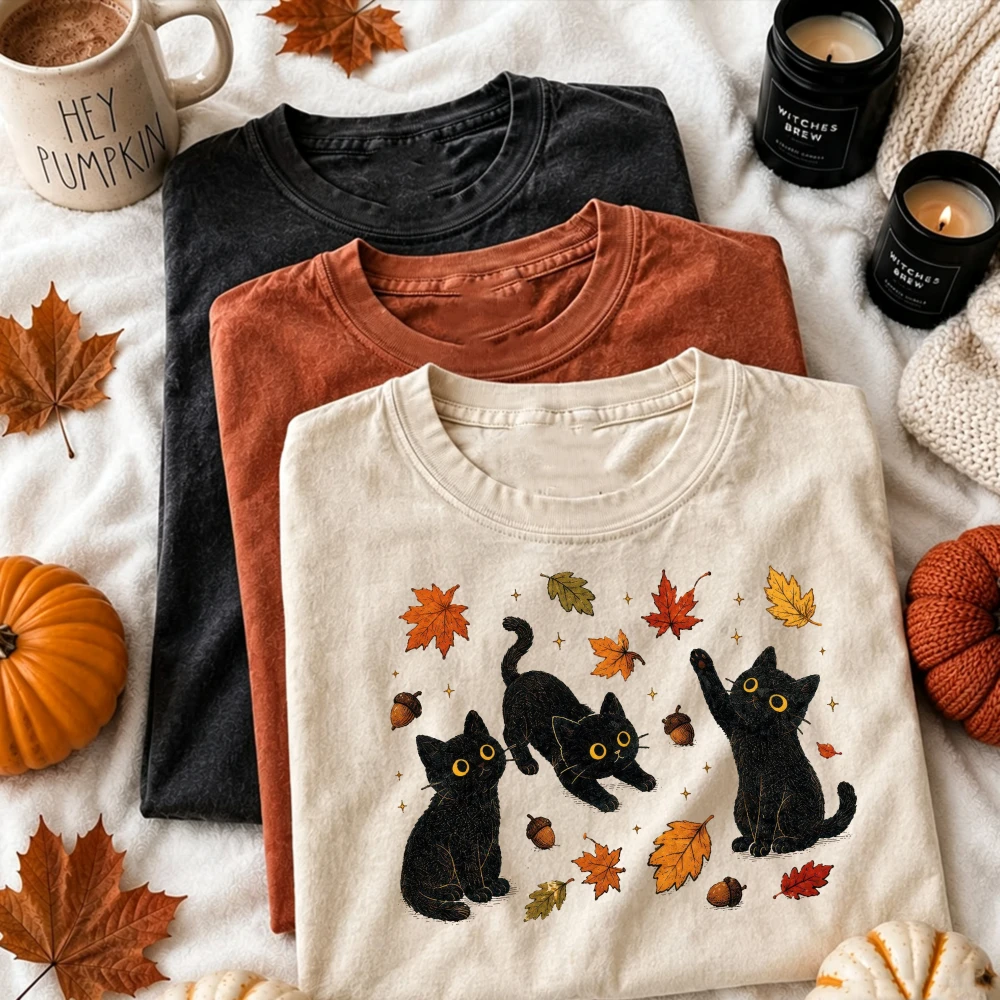 Black Cat Fall Leaves Acorn Graphic Women Casual Short Sleeve Cotton T-Shirt Halloween Spooky Kitten Vintage Autumn Cat Shirt