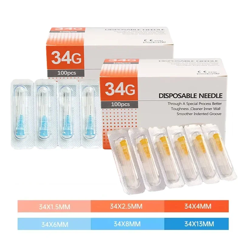 Agujas Inyección Desechables Estériles 34G, Naranja Azul Belleza 1.5/2.5/4/6/8mm 100 Caja Cosméticas