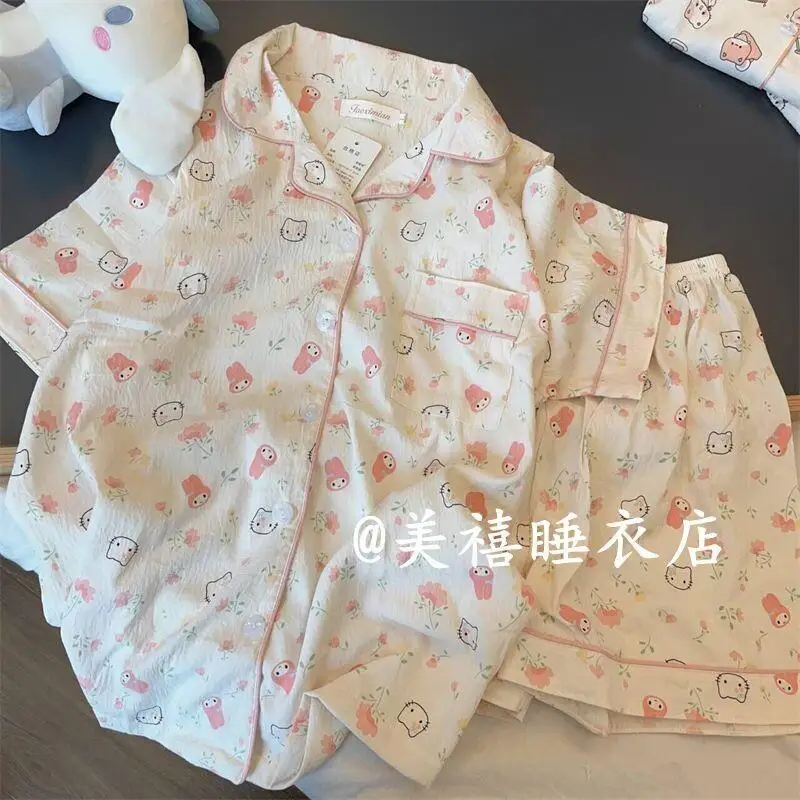 

Sanrio Kit Melody Short Sleeve Pajamas Cardigan Set Cotton Women Students Dormitory Homewear Outdoor Summer New Ins Sleepwear