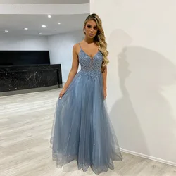 Dusty Blue Beading Long Prom Dresses Gala Straps Tulle Backless Formal Evening Party Gown Robe De Soiree