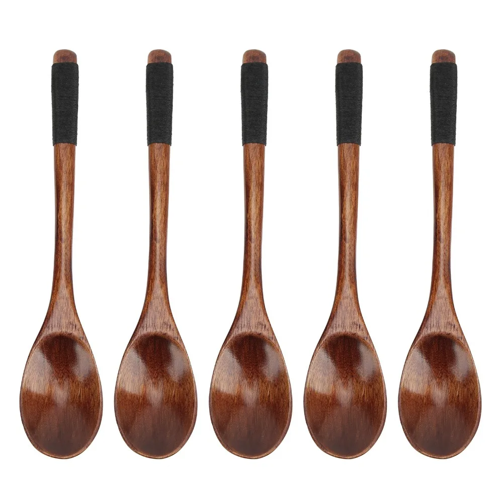 5pcs Cooking Spoons Wood Wooden Soup Spoons Lacquer Semicircle Wood Mixing Spoon Smooth Finish Wooden Spoon Set Everyday Dining