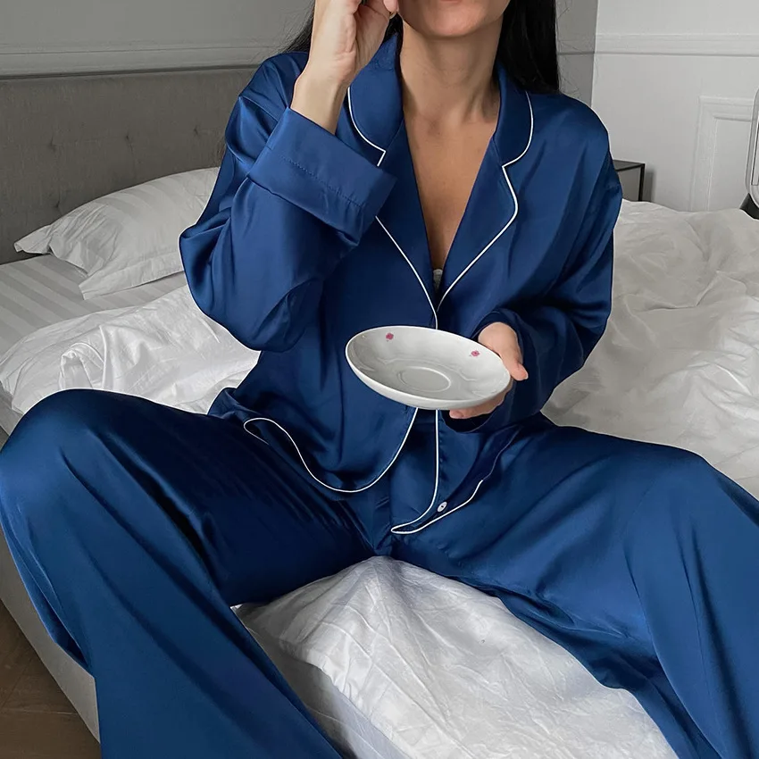 Pyjama-Sets für Damen, Simulations-Seiden-Cardigan, lockere lässige Loungewear, lange Ärmel, lange Hosen, bequem für Damen-Outfit