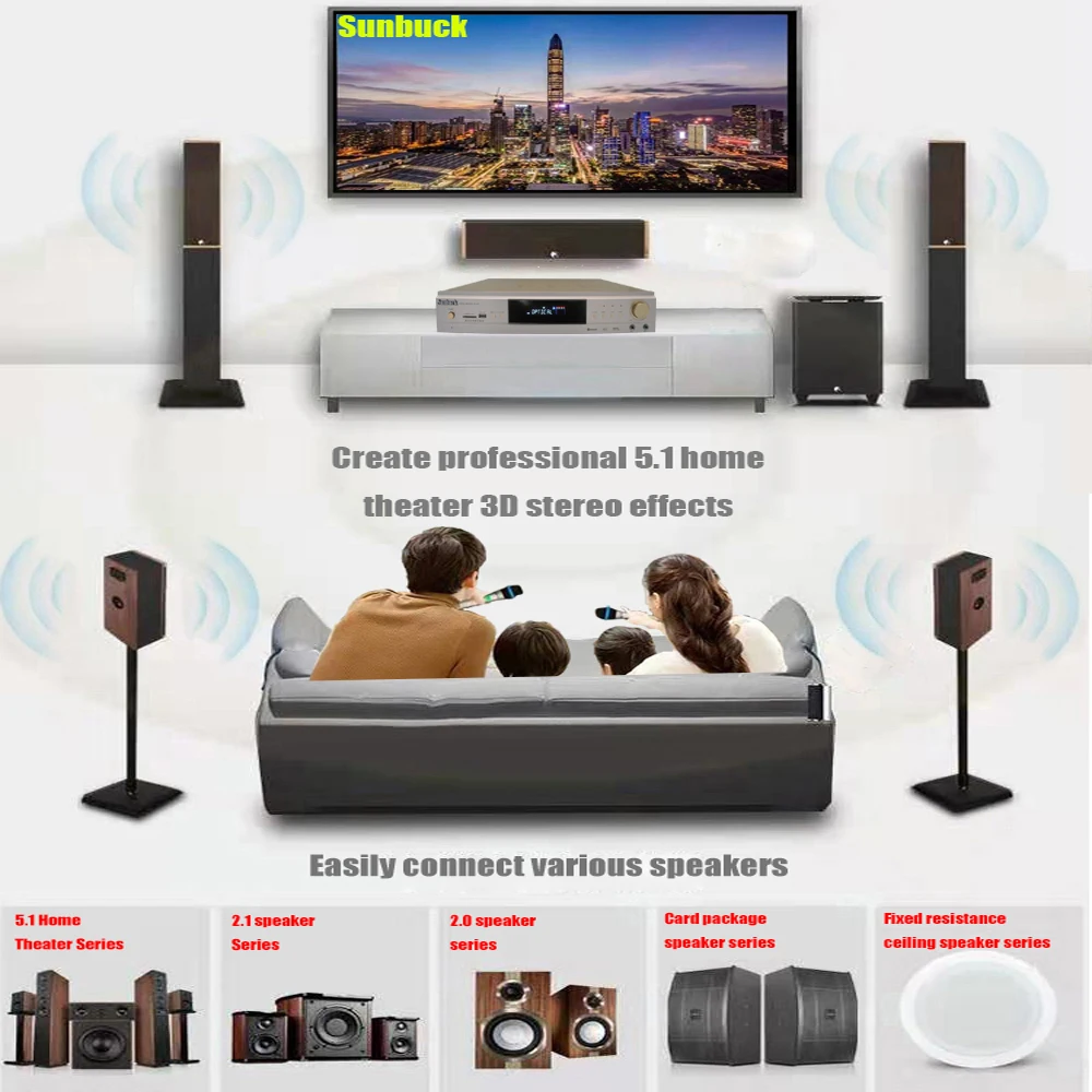 Sunbuck DTS stereo next-generation Dolby Bluetooth 5.0 lossless audio decoding HiFi 2000W 5.1 Home Theater Sound Amplifier Audio