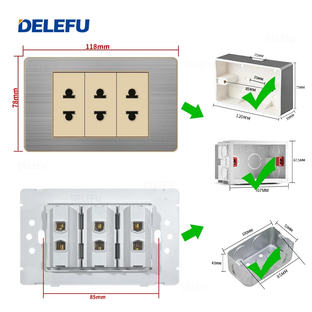 DELEFU Stainless Steel Gold Border Gray Panel Thai Switch Socket Computer USB Type C Wall Power Socket
