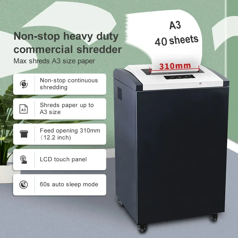 13040C Heavy Industrial Paper Shredder 40 Sheets Cross Cut 130L Bin P4 Security Non Stop Shredder for Office Bank Document