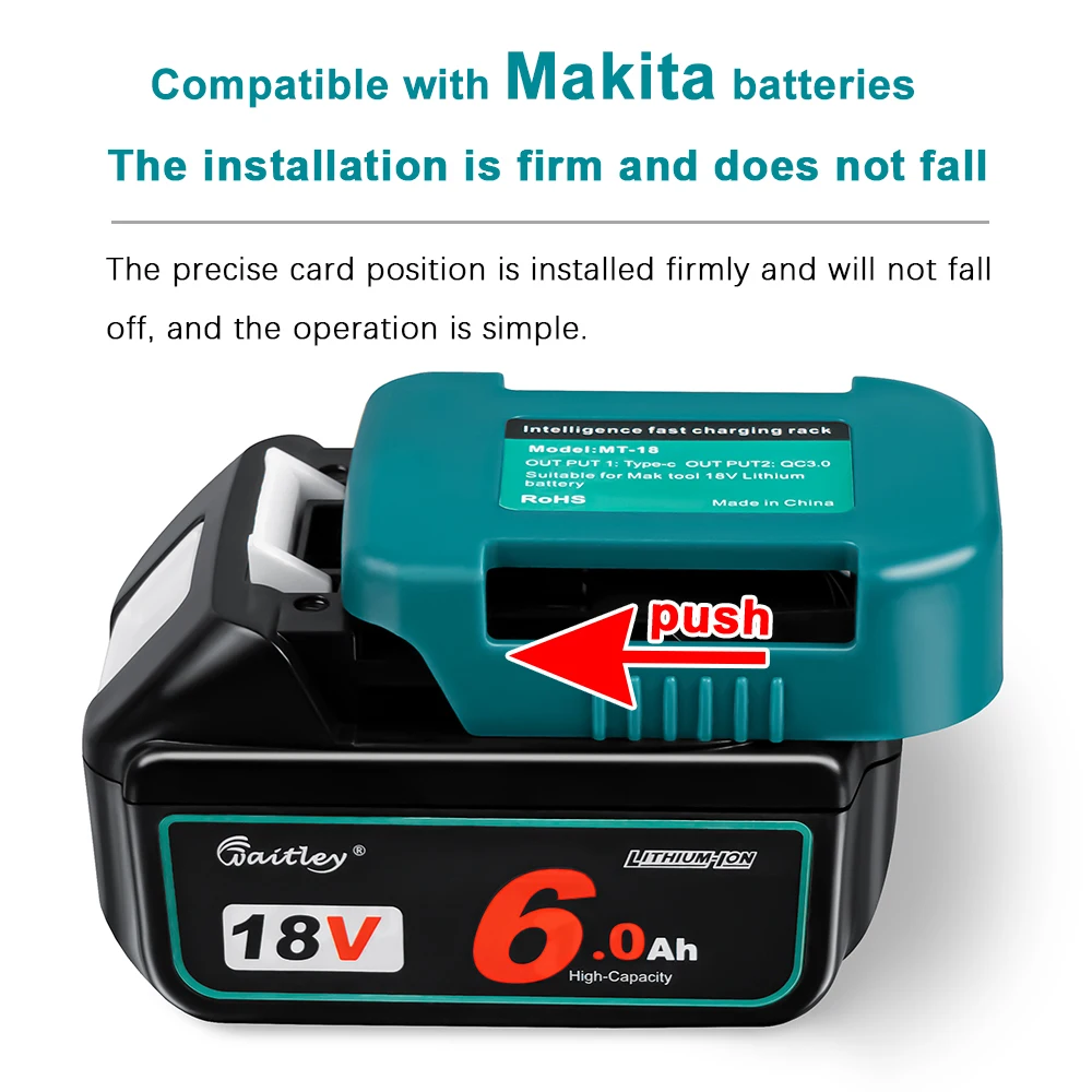 Adaptateur avec interface à double sortie pour batterie Makita, 18V, 14V, BL1860, batterie externe, développement rapide, support portable