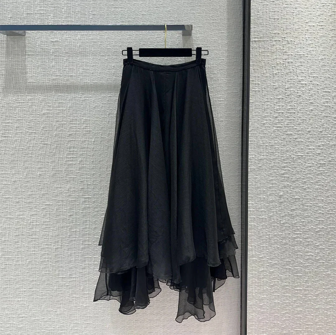 

2024 New Fashion Summer Black Sheer Skirt Women High Waist Big Bottom A-line Asymmetric Sweet Long Skirts