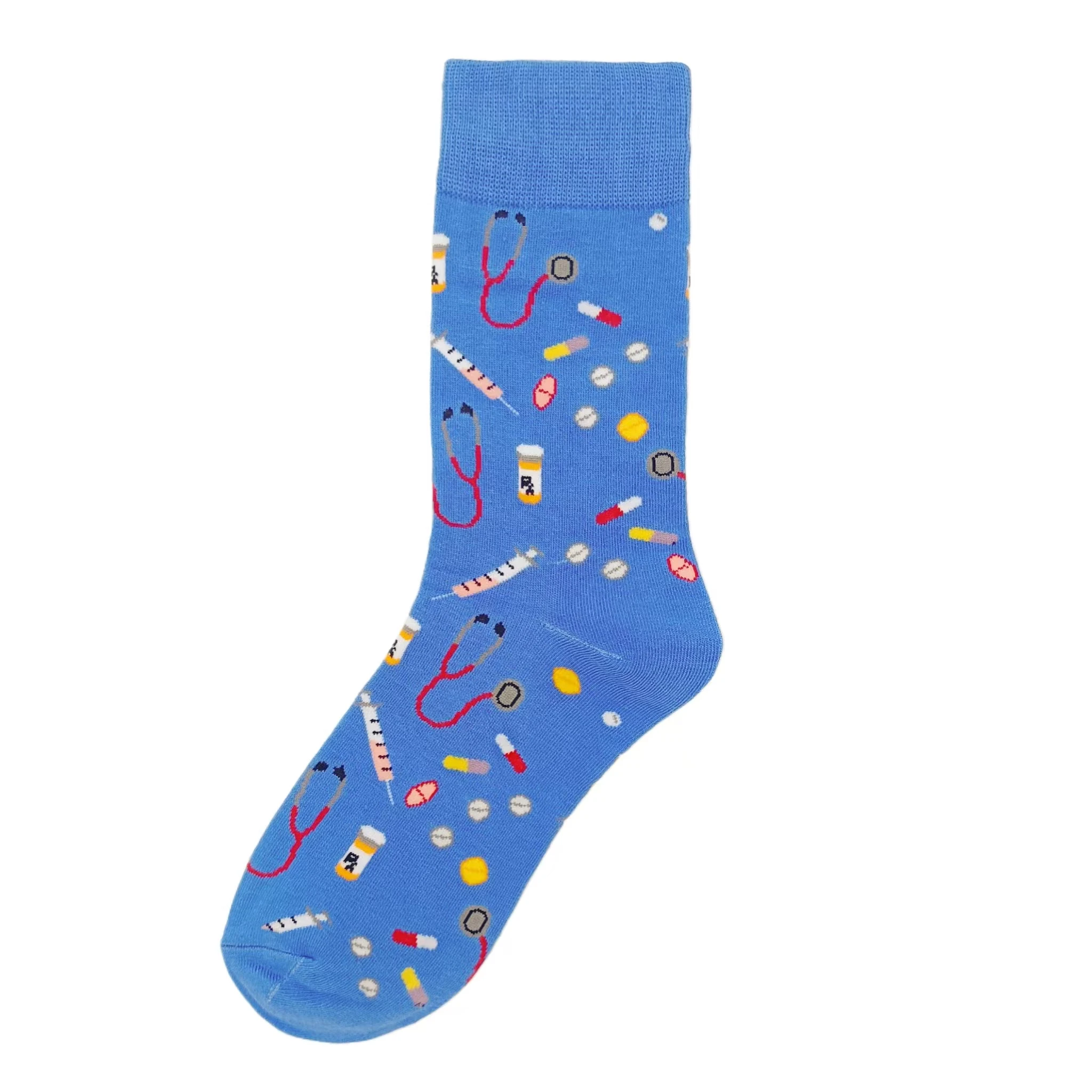 1 pair of new style casual mid-calf socks with small needle tube and stethoscope pattern on blue background