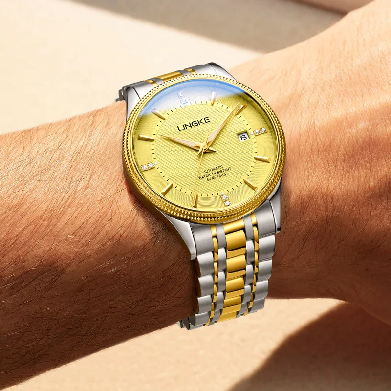LINGKE montres pour hommes classiques en acier inoxydable mouvement automatique mécanique haut de gamme montre-bracelet calendrier montres Reloj Hombre