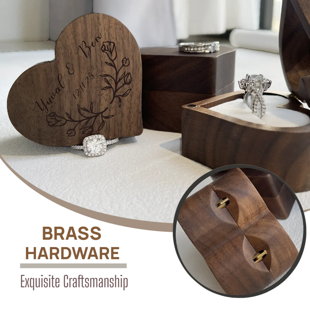 

Custom Wooden Ring Box Heart Shape Walnut Wood Ring Holder Personalized Engraving Jewelry Case Anniversary Proposal Wedding