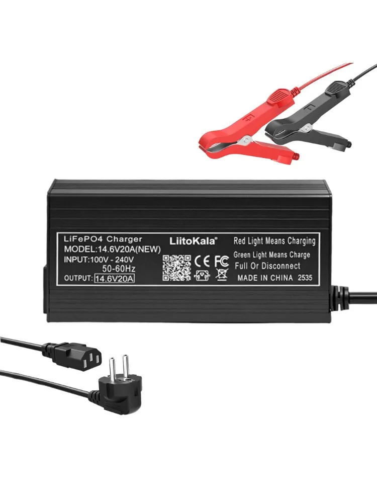 1-2 SZT. Ładowarka do akumulatorów LiFePO4 4S, wyjście 14.6V 20A, z wtyczką EU/US, zaciskami, adapter DC, wejście 100-240V, zaciskowe końcówki. — 2