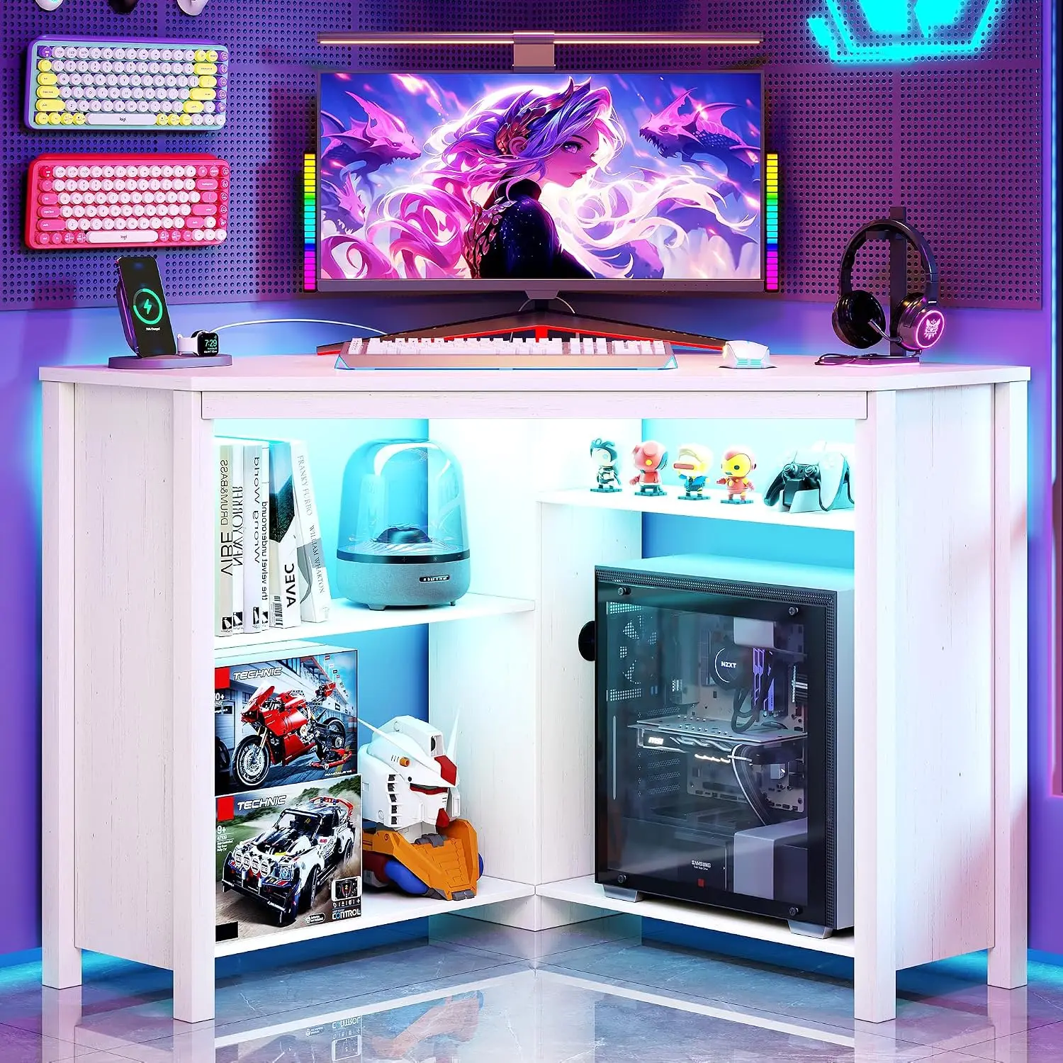 90-Degree Corner Computer Desk with LED Lights, Small Triangle Desk with Multi-Tier Storage Shelves & CPU Stand for Home Office
