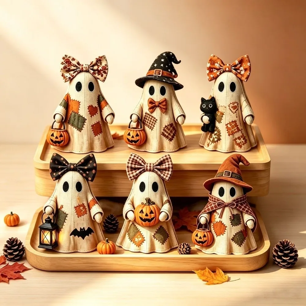 Handmade Wooden Ornament Double-Sided Printed Vintage Distressed Tabletop Ornament Rustic Pumpkin Bucket Ghost Figurine