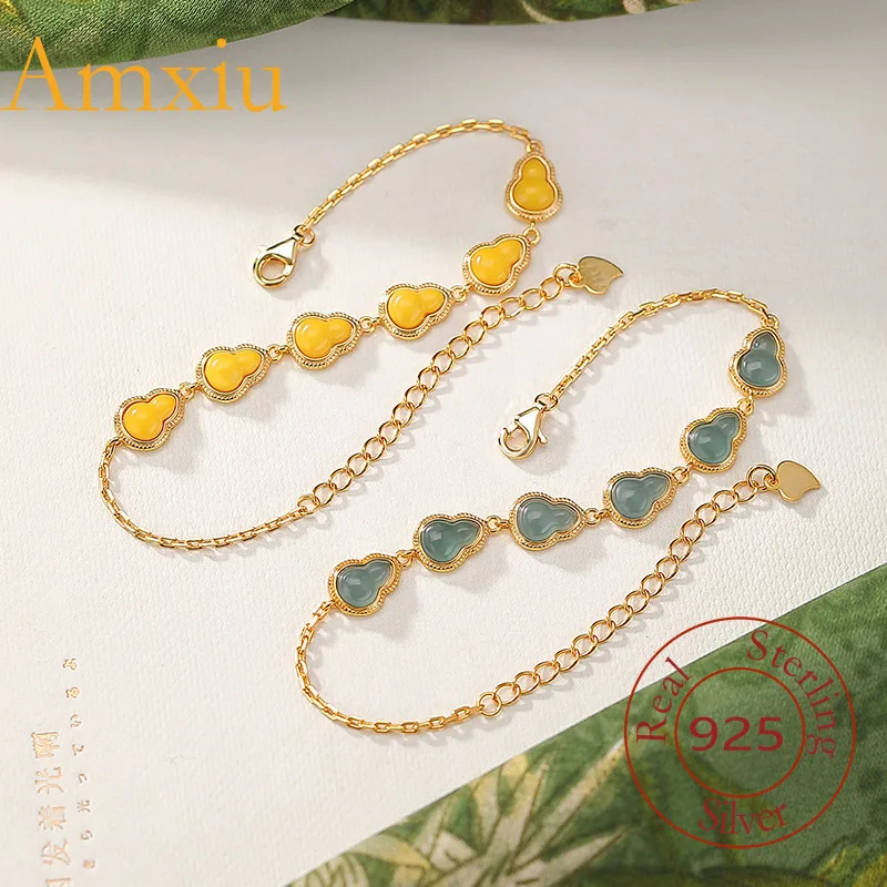 

Amxiu, стерлинговое серебро 925, синий водный нефрит, позолоченный янтарный тыквенный зубной узор, новый многослойный браслет в древнем китайском стиле