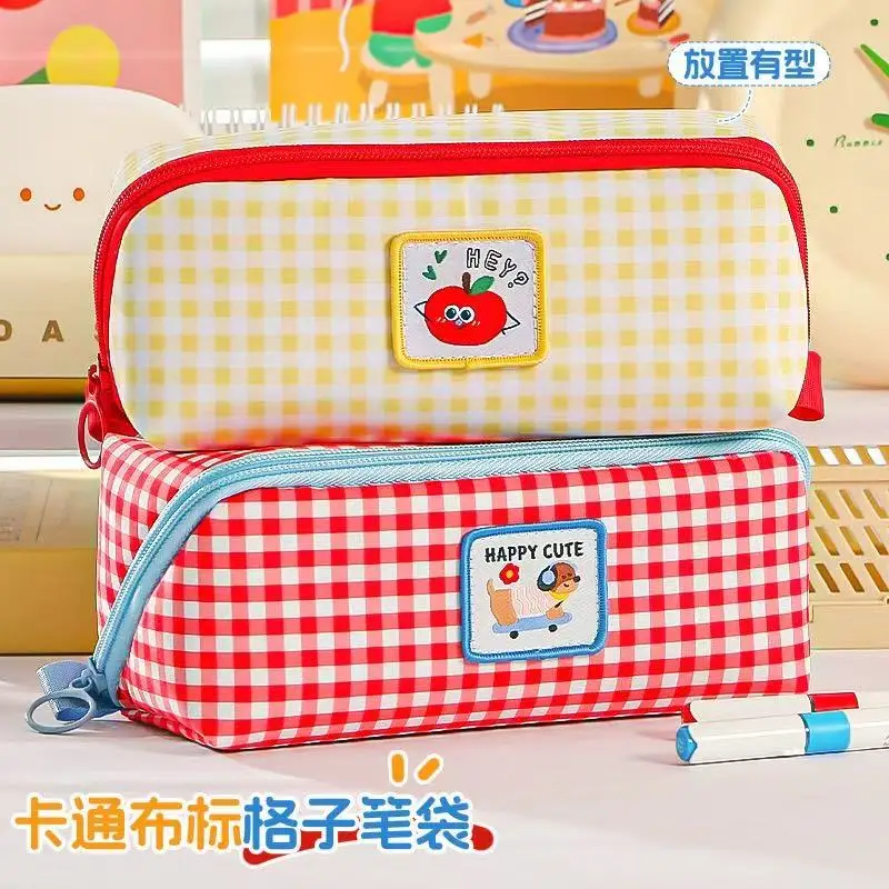 New Kawaii Cartoon Checkered Large Capacity pencil case Student School Desktop Storage Stationery Multi Layer Pen bag Kids Gifts