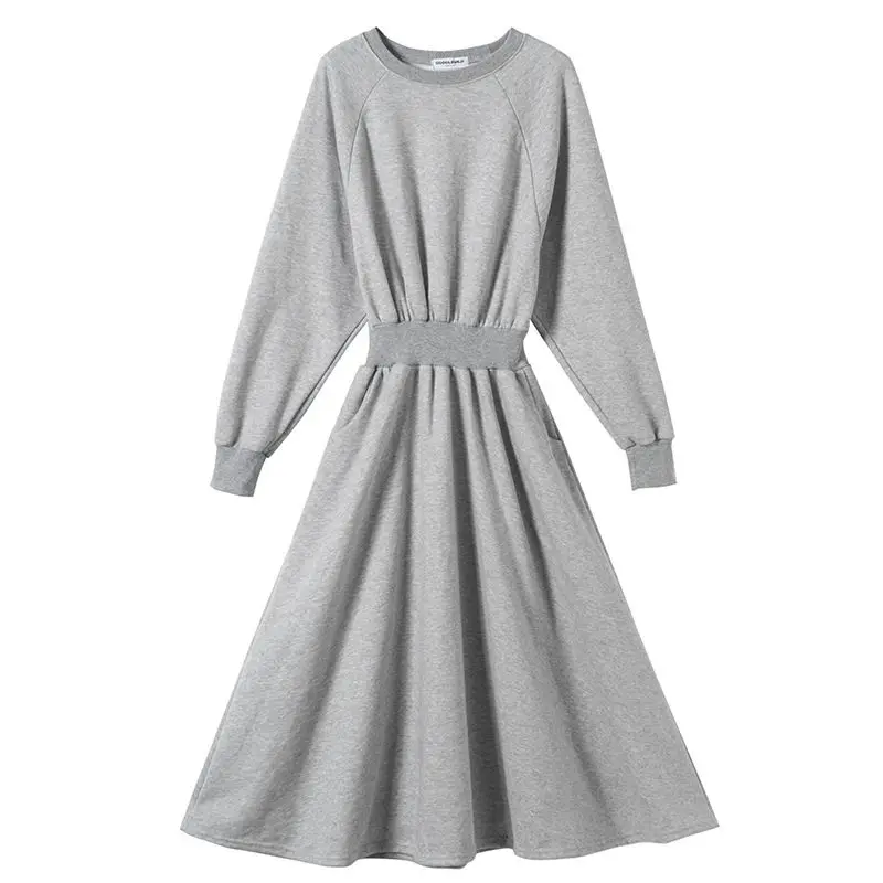 Solid O Neck Patchwork Long Sleeve Cotton Dresses Elegant Fashion Harajuku All Match Female Clothes Casual Mid Length Skirt