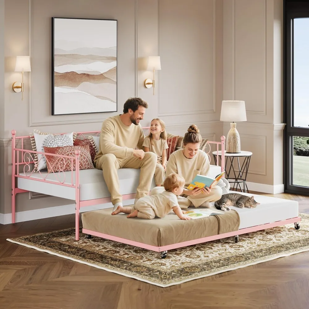 

Pink Heart Shaped Headboard Daybed with Trundle Twin Metal Sofa Bed Frame for Living Room Bedroom Guest Room Easy