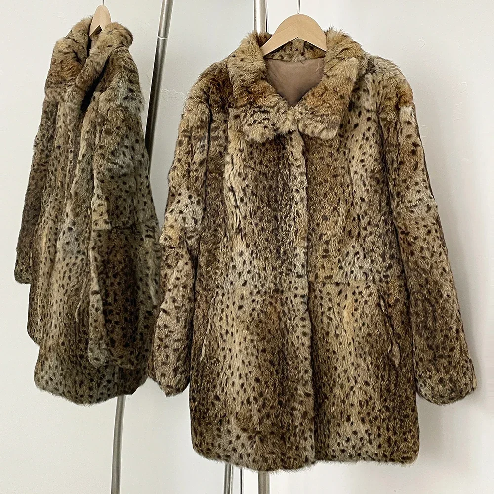 2025 Women Coat New Autumn Winter Leopard Real Rabbbit Jacket Female Warm Medium Length Natural Coat Lady