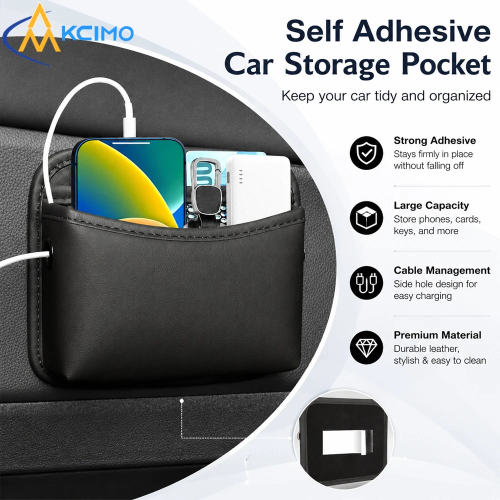 KCIMO Large Capacity Car Storage Pocket Self-Adhesive PU Leather Vehicle Organizer Bag with Cable Hole for Phone Keys