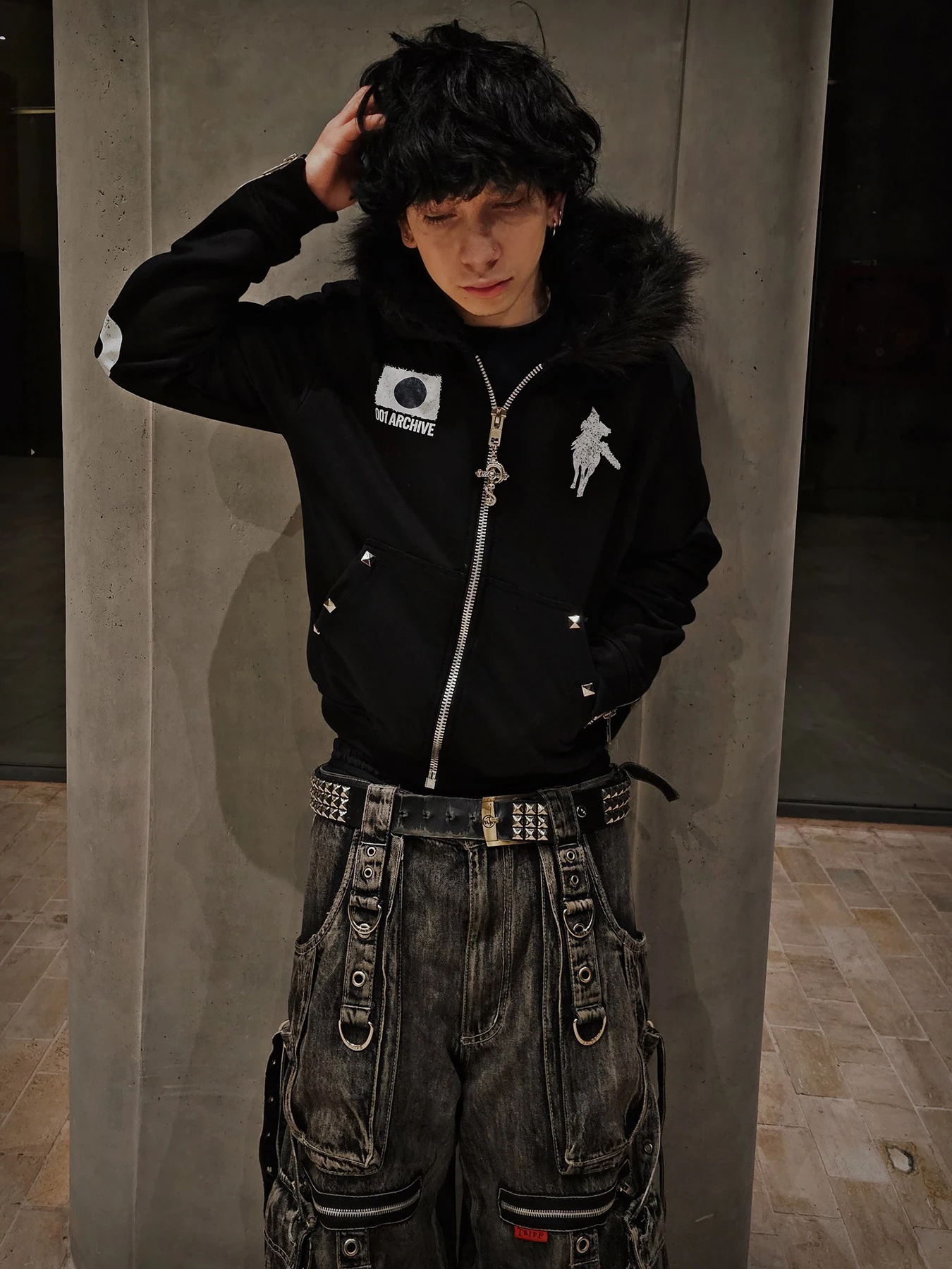 Street Embroidery Print Men's and Women's Fur Collar Zipper Sweatshirt Long Sleeved Personalized Hoodie Retro Jacket