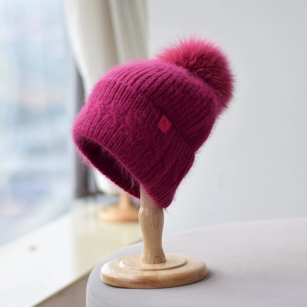 

Hat Women Winter Beanie Pompom Real Fur Angora Knit Warm Accessory For Autumn Cold Weather Sports Skiing Outdoor Holiday