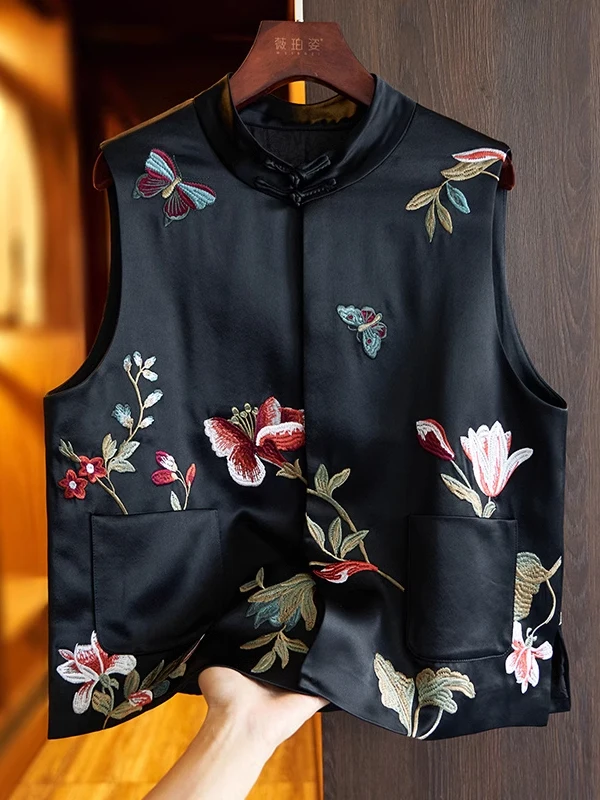 신상 중국식 자수 실크 조끼 여성용 봄 가을 얇은 외투 민족 스타일 얇은 탑 코트
