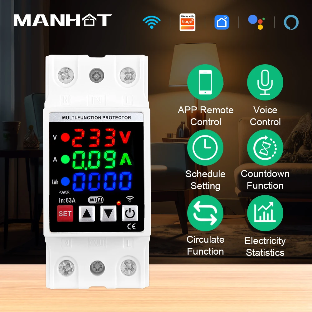 MANHOT 63A 2P WiFi Smart Circuit Breaker Energy Metering Temperature voltage Current Protection Work with Tuya Alexa Google Home