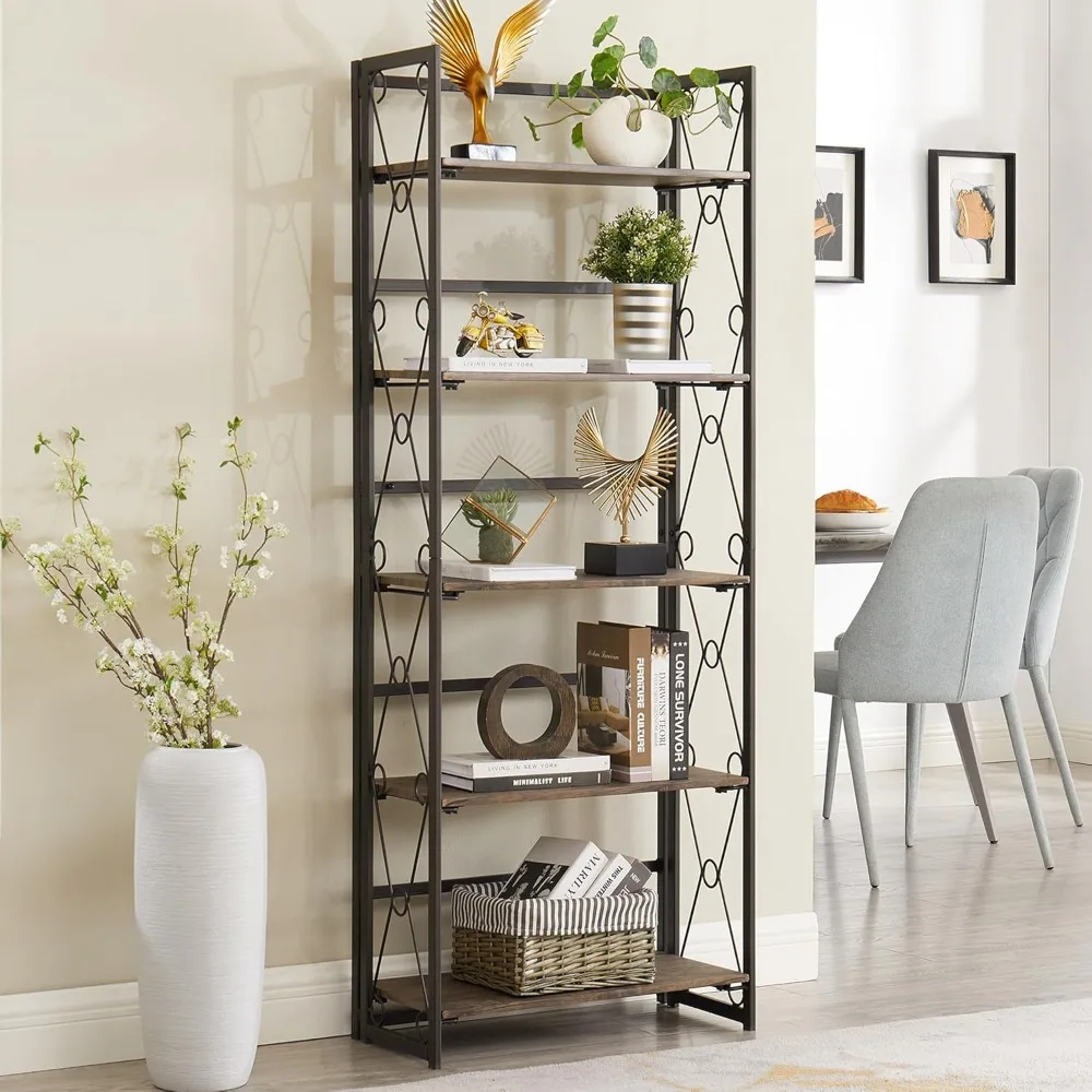 خزانة كتب مكونة من 5 طبقات قابلة للطي، منظم تخزين رف كتب صناعي طويل القامة مع إطار معدني قابل للطي، بني فاتح، مجموعة واحدة