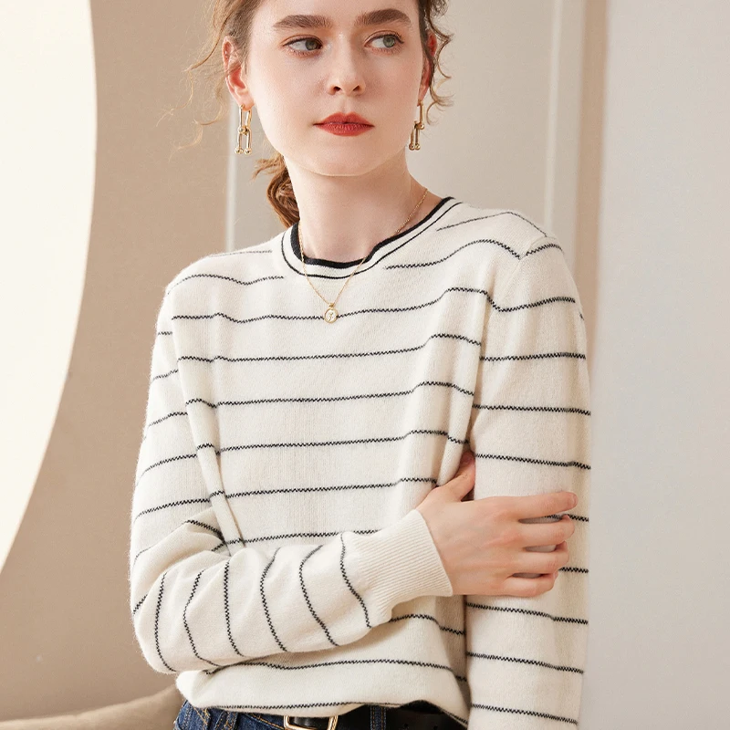 

24 Autumn and Winter New Round Neck Striped Cashmere Sweater Ladies Loose Slim Sweater With Thermal Pullover Top