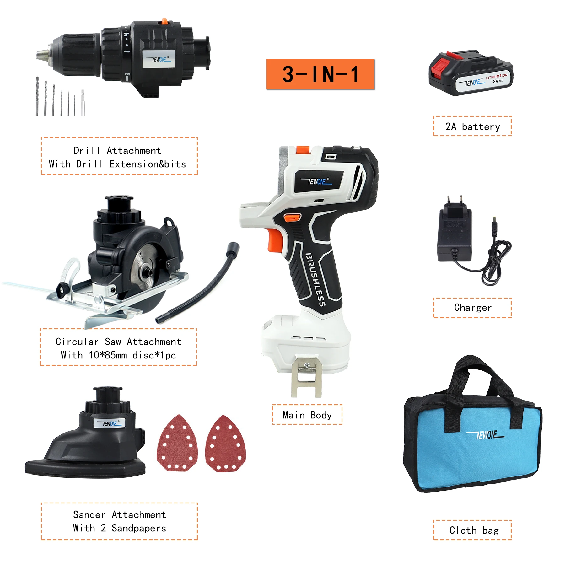 Imagem -06 - Newone-kit de Furadeira de Impacto sem Fio de Iões de Lítio sem Escova Combinação em Lixadeira Serra Circular com Bateria 2a 18v 20v Max