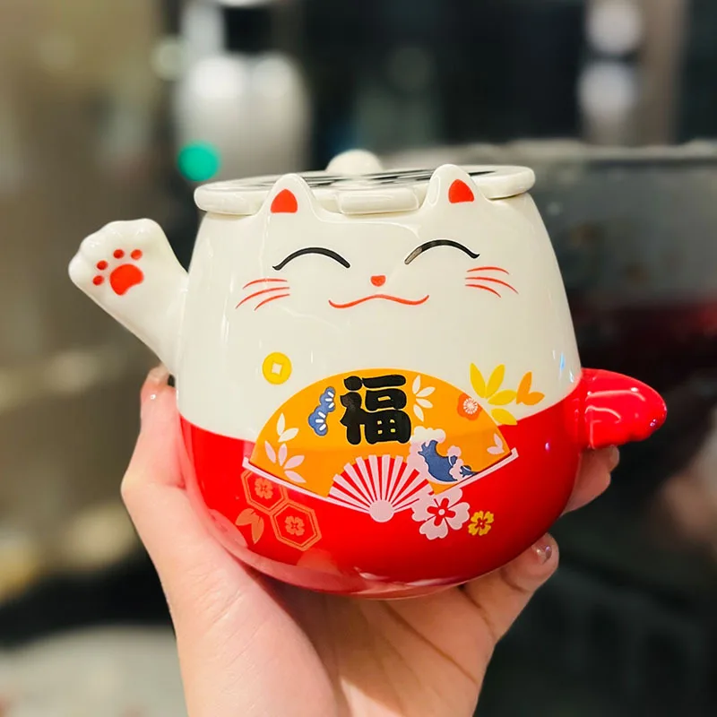 Japanese Ceramic Cute Lucky Cat Coffee Mug with Lid Large Capacity Maneki Neko Breakfast Milk Mug Office Tea Cup Drinkware 450ML