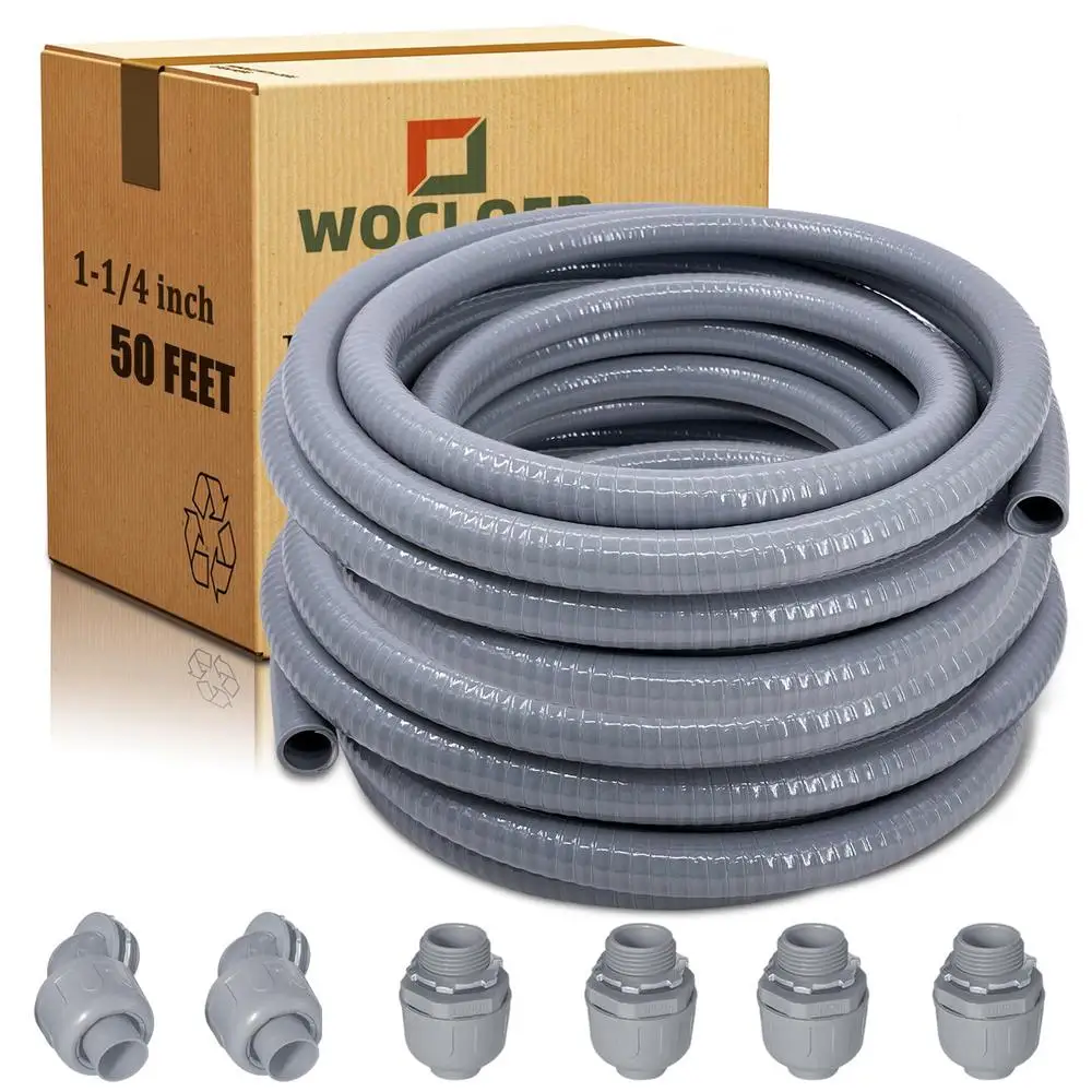 1-1/4 inch 50 Feet Flexible PVC Non-Metallic Liquid-Tight Conduit Kit with Connectors Ideal AC Equipment and Outdoor Lighting